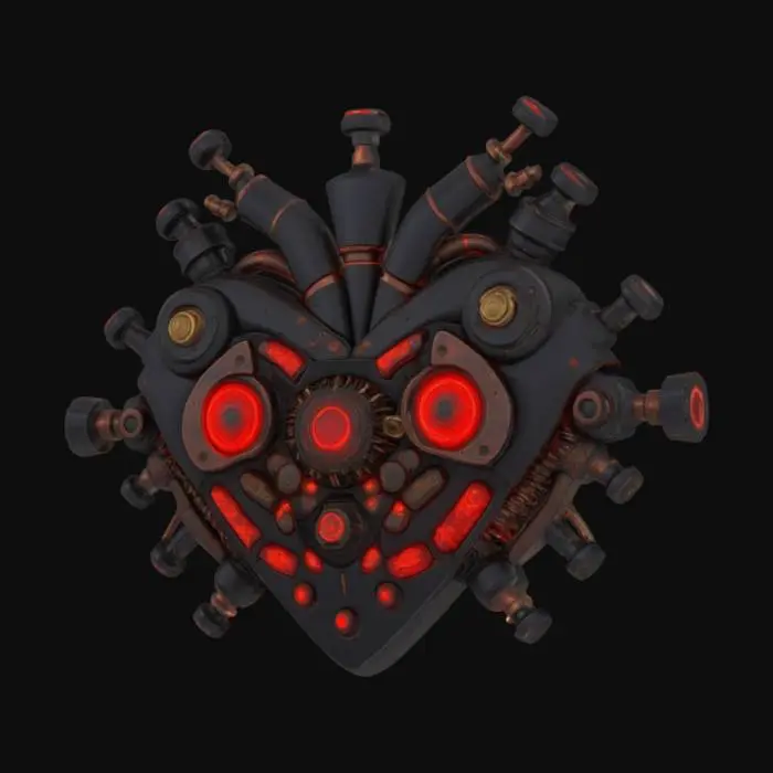 3D model for A hyper-detailed steampunk cybernetic heart emblem, Miyazaki design, Studio Ghibli art style, Howl's Moving Castle style, matte black steel, with rusted and scratched bolts, valves and circuits of glowing neon red lines and dots, 8K detail. Glowing. Sacred. Alive., #emblem#