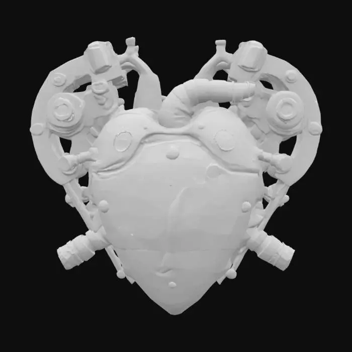 3D model for A hyper-detailed steampunk cybernetic heart emblem, Miyazaki design, Studio Ghibli art style, Howl's Moving Castle style, matte black steel, with rusted and scratched bolts, valves and circuits of glowing neon red lines and dots, 8K detail. Glowing. Sacred. Alive., #emblem#