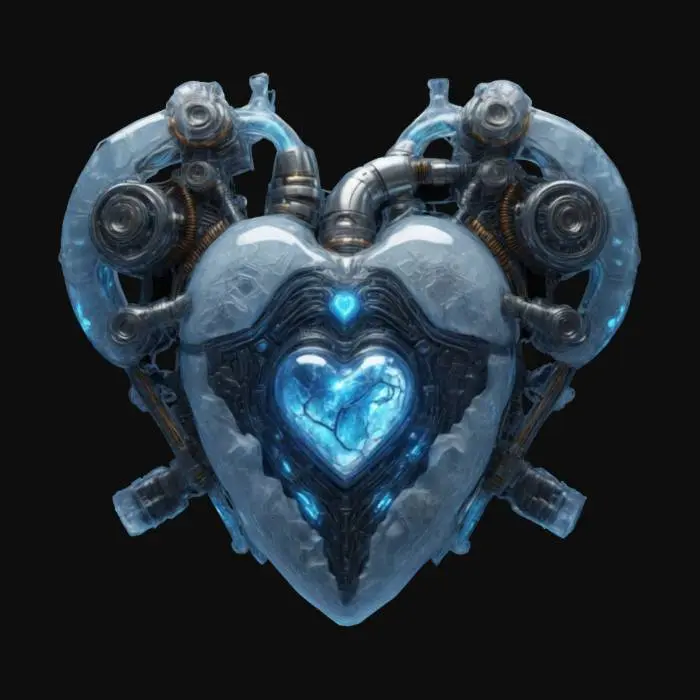 3D model for A hyper-detailed steampunk cybernetic heart emblem, Miyazaki design, Studio Ghibli art style, Howl's Moving Castle style, matte black steel, with rusted and scratched bolts, valves and circuits of glowing neon red lines and dots, 8K detail. Glowing. Sacred. Alive., #emblem#
