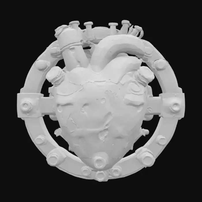 3D model for A hyper-detailed steampunk cybernetic heart emblem, Sci-fi ultra-realism, matte black steel, with rusted and scratched bolts, valves and circuits of glowing neon red lines and dots, 8K detail. Glowing. Sacred. Alive., #emblem#