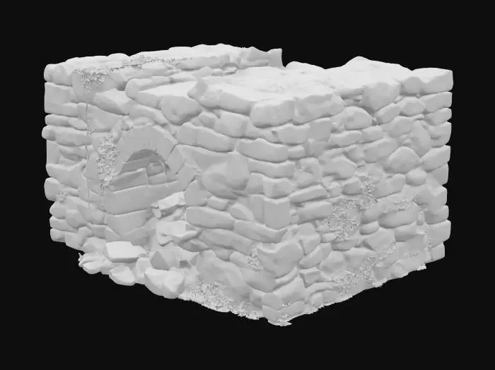 3D model for old stone wall mossy and vines creeping from the joints. the wall has an opening with creepy hands pulling away some stones. , Highly Detailed, Ultra Realistic, Rough