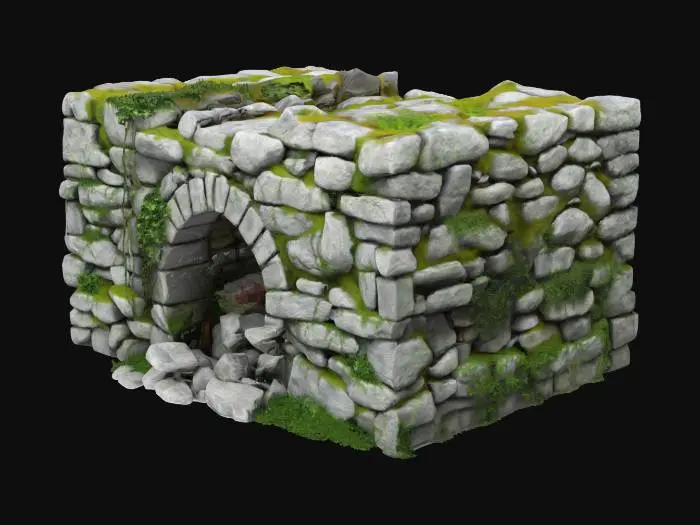 3D model for old stone wall mossy and vines creeping from the joints. the wall has an opening with creepy hands pulling away some stones. , Highly Detailed, Ultra Realistic, Rough