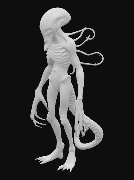 3D model for evil alien figure with floating nano tech spiraling around its body, Highly Detailed, Ultra Realistic, Irregular, Organic