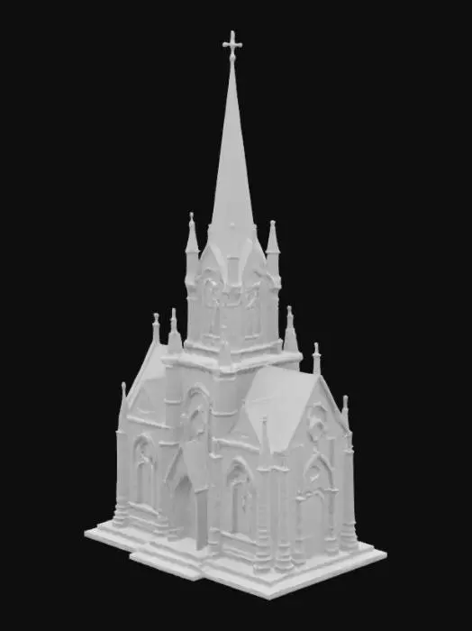 3D model for Church with high steeple building  surrounded by a a dense field of colourful flowers , Highly Detailed, Ultra Realistic
