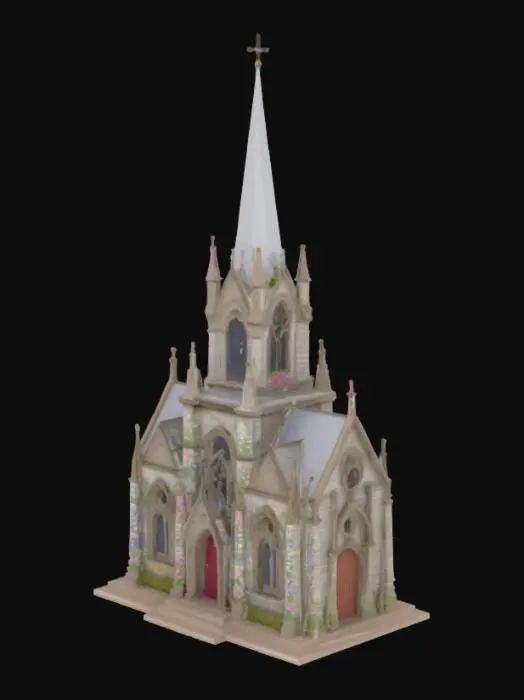 3D model for Church with high steeple building  surrounded by a a dense field of colourful flowers , Highly Detailed, Ultra Realistic