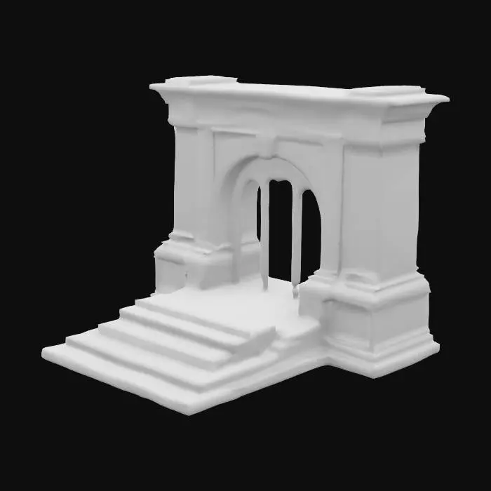3D model for ancient portal made of unknown pattered metals. old inscriptions engraved around the entrance. stairway leading into it 