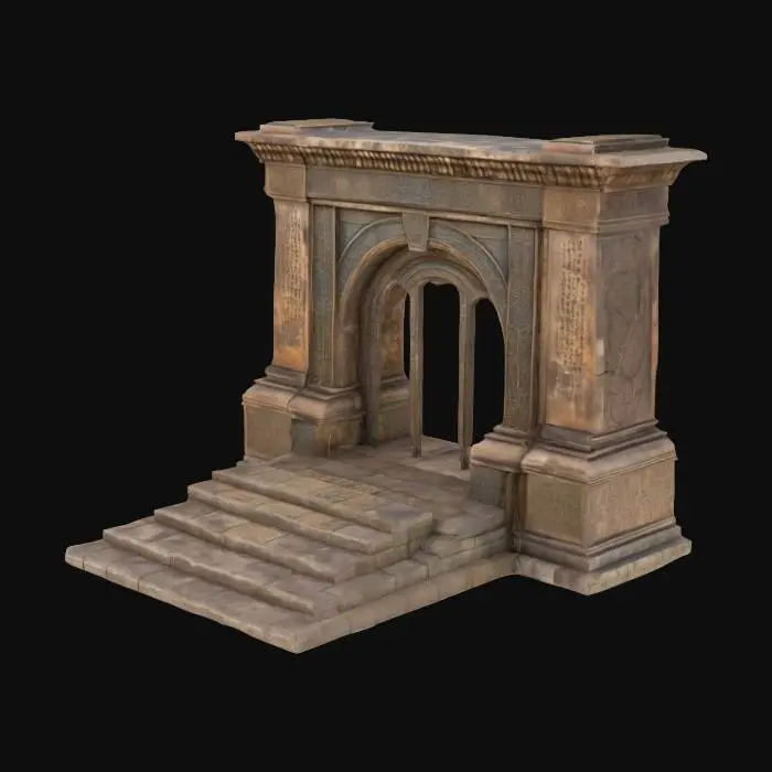 3D model for ancient portal made of unknown pattered metals. old inscriptions engraved around the entrance. stairway leading into it 