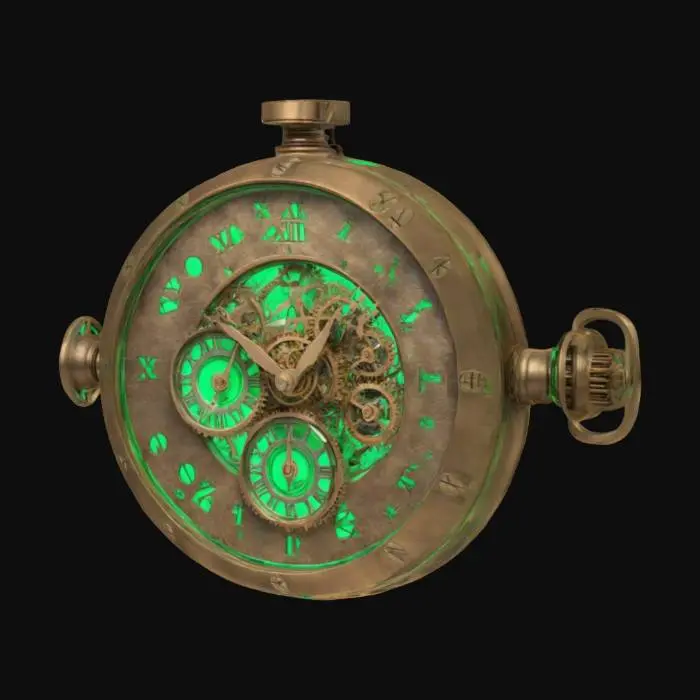 3D model for Vintage stopwatch able to pause time high detail dials the numbers spiraling showing the gears internally blue glowing smoke , Sci-Fi, Vintage, Highly Detailed, Ultra Realistic