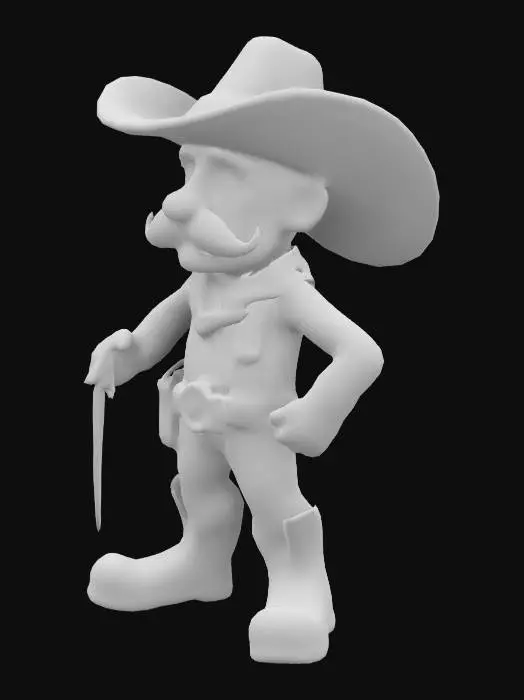 3D model for Design a humorous cartoon cowboy character for a hangman game. The character should have exaggerated features like a large hat, bushy mustache, and boots with spurs. Ensure the head, torso, arms, and legs are distinct and separable for game purposes. A lasso in one hand and a holster at the hip add charm. Use a vibrant, playful color scheme to enhance the fun appeal.