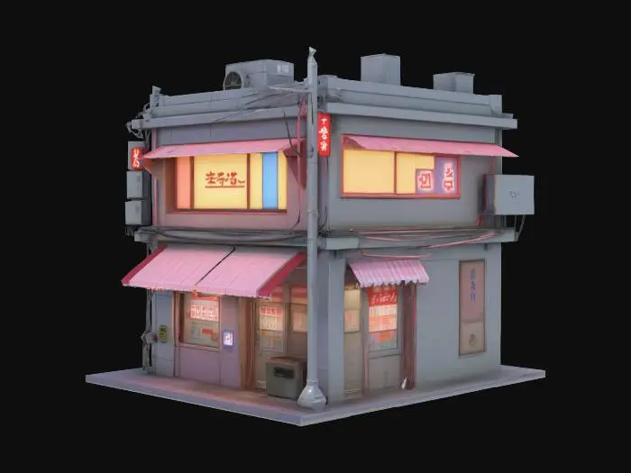 3D model for  Tokyo street-side structure with visible neon signage on the front and utilitarian details on the back (e.g., AC units, ducts, wiring).Geometry: visibly low‑poly with blocky, clean silhouette and slightly exaggerated proportions (toylike scale).
Front façade: stylized Tokyo storefront—neon katakana signs, glowing window panels, small shop awnings, and vending machines.
 Rear façade: exposed piping, wall-mounted AC units, tangled cables, and a rooftop ladder or water tank.
Lighting: Blinn/Phong; strong key light angled diagonally; soft rim light; light-emitting signs baked into the texture, not emissive.
Visual style: early-2000s console feelsaturated but limited color palette, subtle JPEG compression artifacts, light dithering in shadows.