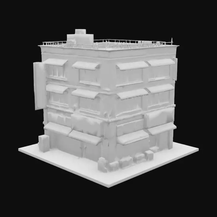 3D model for vertically stacked, Tokyo city-center building in the visual style of an early-2000s console game (PS2 / Dreamcast era).
- First floor - garage
— Scale & Structure: low-rise building (2-3 floors), each floor should suggest a different purpose
—simplified shapes with slightly exaggerated forms (e.g., chunky vents, oversized signage brackets).
 Front Façade (Street Side):
Multiple stacked neon signs in katakana/hiragana and a few faded English words
Colorful banners, lightboxes, vending machines, and varied window styles.

Awnings or entry signs on lower floors—compact but distinct.
 Rear & Sides: air conditioner units, exposed electrical conduits,rooftop access hatch