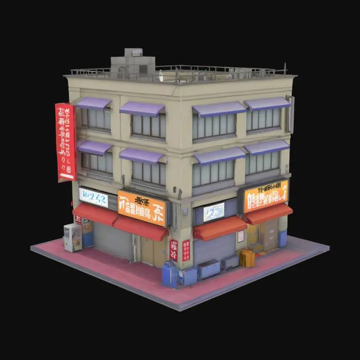3D model for vertically stacked, Tokyo city-center building in the visual style of an early-2000s console game (PS2 / Dreamcast era).
- First floor - garage
— Scale & Structure: low-rise building (2-3 floors), each floor should suggest a different purpose
—simplified shapes with slightly exaggerated forms (e.g., chunky vents, oversized signage brackets).
 Front Façade (Street Side):
Multiple stacked neon signs in katakana/hiragana and a few faded English words
Colorful banners, lightboxes, vending machines, and varied window styles.

Awnings or entry signs on lower floors—compact but distinct.
 Rear & Sides: air conditioner units, exposed electrical conduits,rooftop access hatch