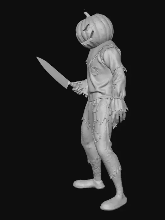 3D model for uomo con testa di zucca che tiene un coltello in mano