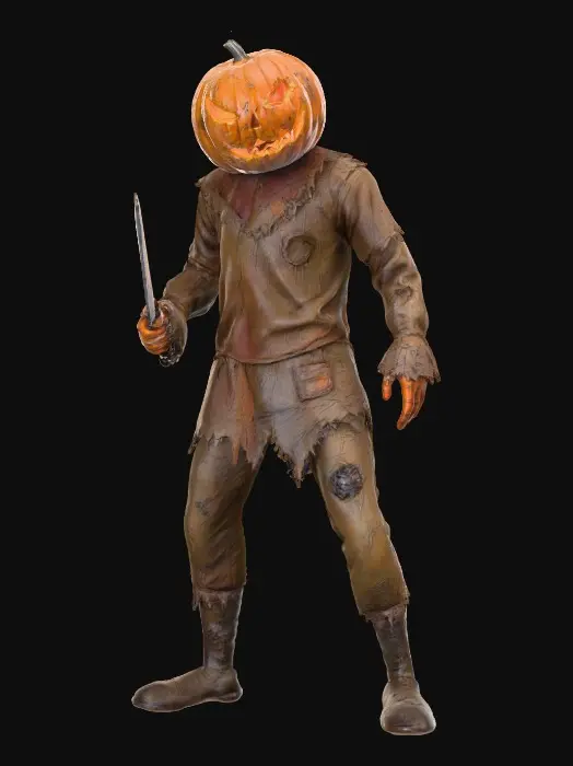 3D model for uomo con testa di zucca che tiene un coltello in mano