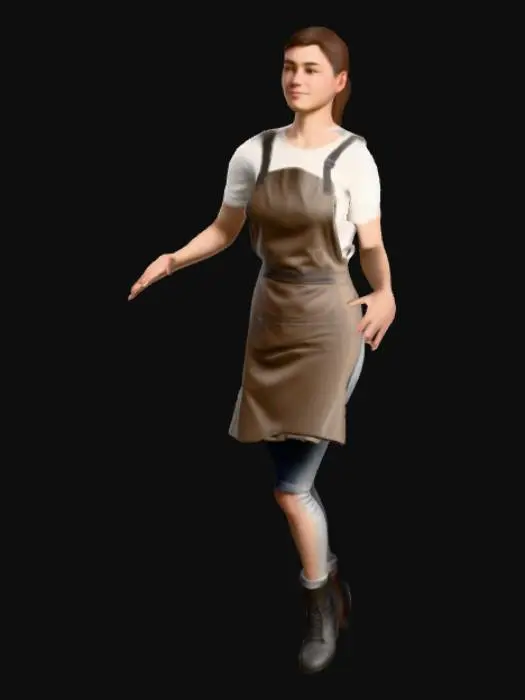 3D model for 3D model of a young adult barista, apron over modern clothes, neutral T-pose, low-poly optimized, UV-mapped for PBR textures, Unity-ready for animation