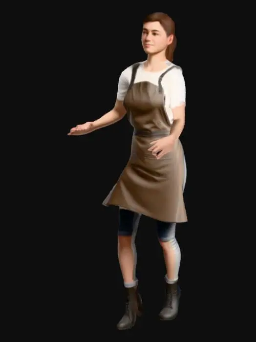 3D model for 3D model of a young adult barista, apron over modern clothes, neutral T-pose, low-poly optimized, UV-mapped for PBR textures, Unity-ready for animation