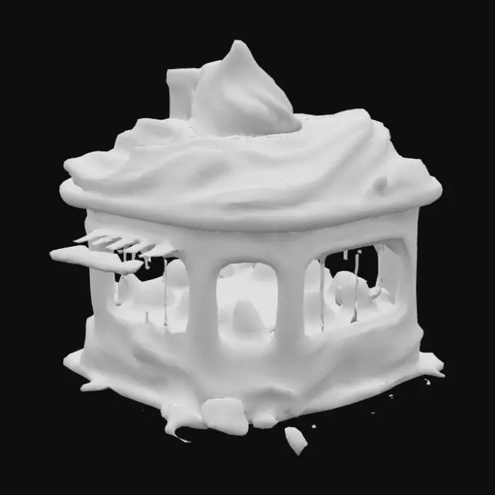 3D model for A cartoonish house made from ice-cream, showing distinct swirls of two complementary colors like vanilla white and chocolate brown. Its surface has a semi-glossy, slightly uneven texture, hinting at both its creamy smoothness and embedded crunchy bits, perhaps cookie crumbs or chocolate chips, add colored sprinkle on it. The overall form is a classic, slightly melting sphere, firm yet yielding, with frosty edges. The cool, solid mass appears invitingly rich and substantial, promising a delightful contrast of textures upon touch.