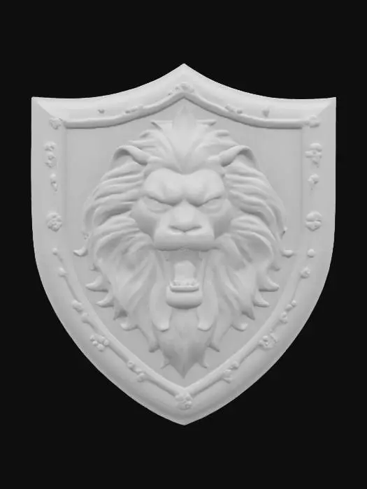 3D model for lion emblem, highly detailed, stone texture in a shape of a shield