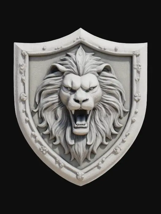 3D model for lion emblem, highly detailed, stone texture in a shape of a shield