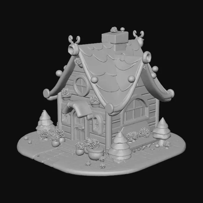 3D model for A stylized fantasy cottage with exaggerated proportions, a warm wooden structure, glowing windows, and playful, hand-painted textures. The design feels whimsical and slightly cartoonish, with vibrant colors and rounded shapes that give it a friendly, magical atmosphere.