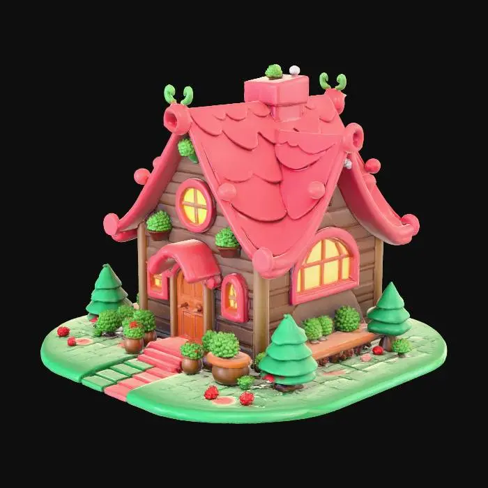 3D model for A stylized fantasy cottage with exaggerated proportions, a warm wooden structure, glowing windows, and playful, hand-painted textures. The design feels whimsical and slightly cartoonish, with vibrant colors and rounded shapes that give it a friendly, magical atmosphere.