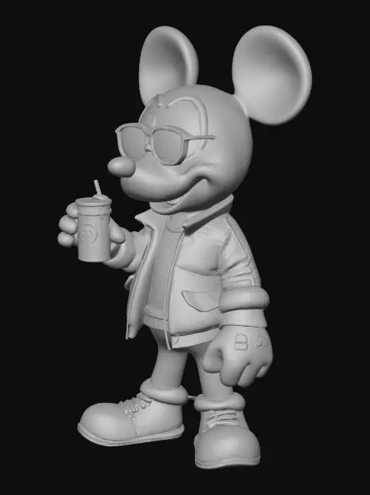 3D model for Eine stilvolle 3D-Figur von Mickey Mouse mit Sonnenbrille. Sie trägt eine blaue Bomberjacke über einem weißen T-Shirt, dunkle Hosen und blaue Sneakers. Ihre ikonischen Ohren haben eine leicht flaumige, dunkle Textur, und ihr Gesicht ist glatt und pfirsichfarben. Die schwarze Sonnenbrille ist glänzend und reflektiert leicht die Umgebung. Sie hält ein gelb-weißes Getränk in der Hand. Die Beleuchtung ist sanft, mit minimalen Glanzlichtern und weichen Übergängen.