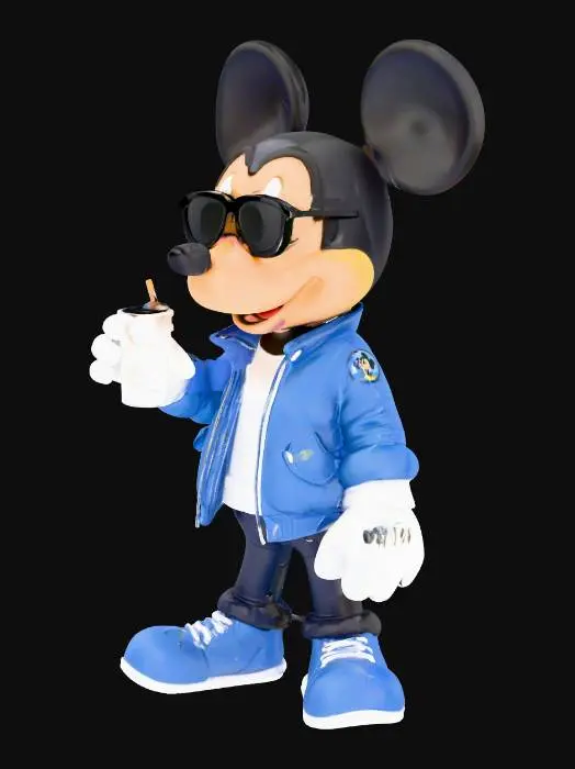 3D model for Eine stilvolle 3D-Figur von Mickey Mouse mit Sonnenbrille. Sie trägt eine blaue Bomberjacke über einem weißen T-Shirt, dunkle Hosen und blaue Sneakers. Ihre ikonischen Ohren haben eine leicht flaumige, dunkle Textur, und ihr Gesicht ist glatt und pfirsichfarben. Die schwarze Sonnenbrille ist glänzend und reflektiert leicht die Umgebung. Sie hält ein gelb-weißes Getränk in der Hand. Die Beleuchtung ist sanft, mit minimalen Glanzlichtern und weichen Übergängen.