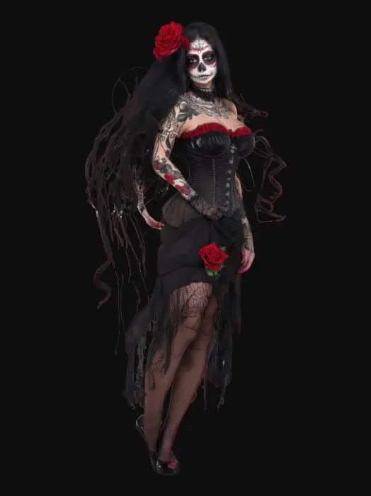 3D model for Mexican sugar skull face paint style fantasy corset female lady death curvy wearing black and red modeling sensual detailed. beautiful face   