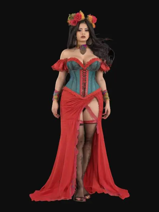 3D model for Mexican  style fantasy corset female lady curvy modeling sensual detailed. beautiful face   