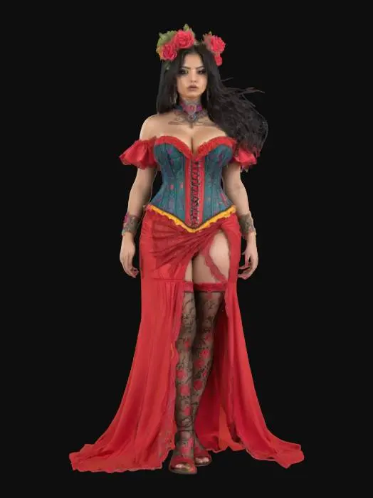 3D model for Mexican  style fantasy corset female lady curvy modeling sensual detailed. beautiful face   