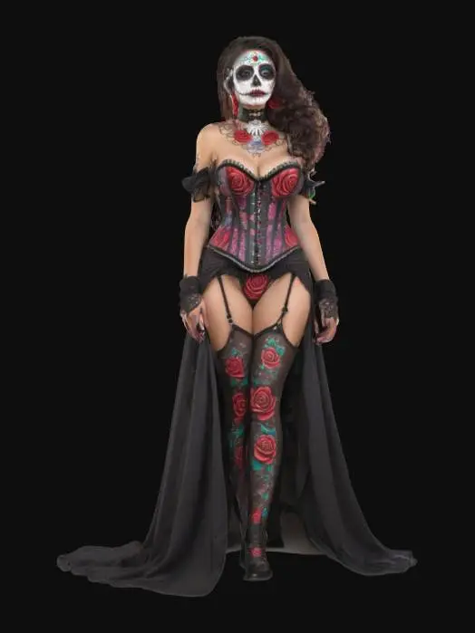3D model for Mexican sugar face paint style fantasy corset female lady death curvy modeling sensual detailed. beautiful face   