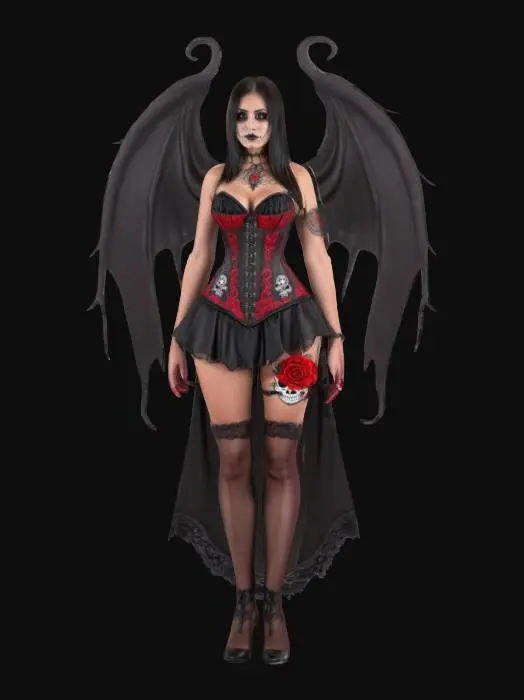 3D model for Mexican sugar skull style fantasy corset female lady death curvy wearing black and red modeling sensual , #emblem#