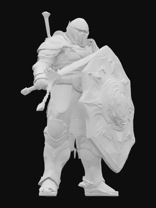 3D model for A space marine posed for action, wearing armor inspired by Mayan. is using a sward and shield.