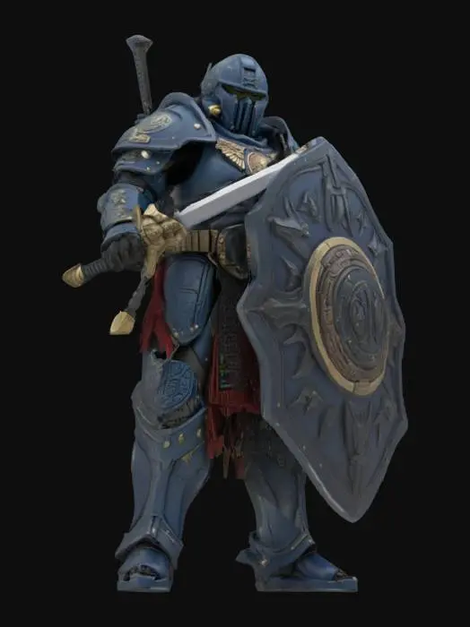 3D model for A space marine posed for action, wearing armor inspired by Mayan. is using a sward and shield.