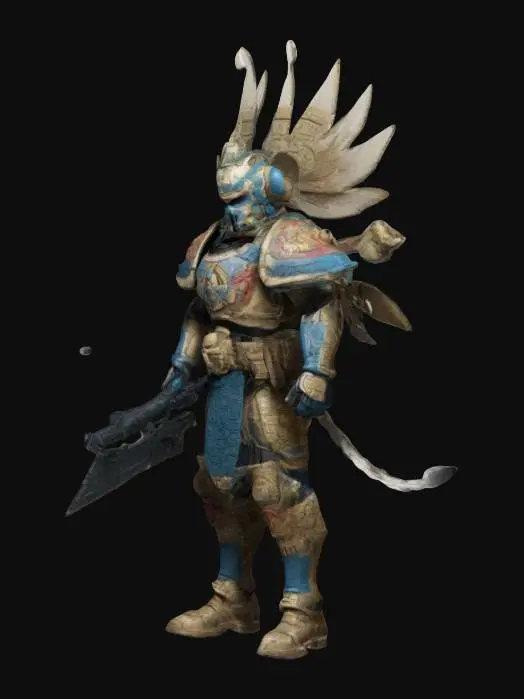 3D model for A space marine posed for action, wearing armor inspired by Mayan gods. is using magic.