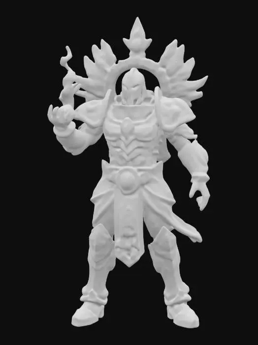 3D model for A space marine posed for action, wearing armor inspired by Mayan gods. is using magic.