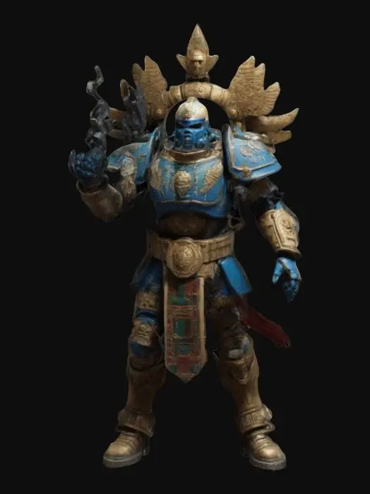 3D model for A space marine posed for action, wearing armor inspired by Mayan gods. is using magic.
