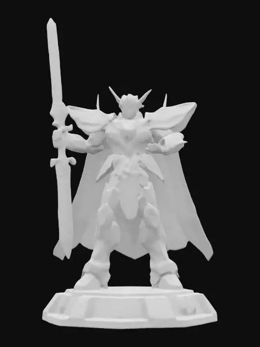3D model for Gundam with Space Marine armor. Holding beam sword has a cape and glowing accents. Gothic art. Displayed a model with base.