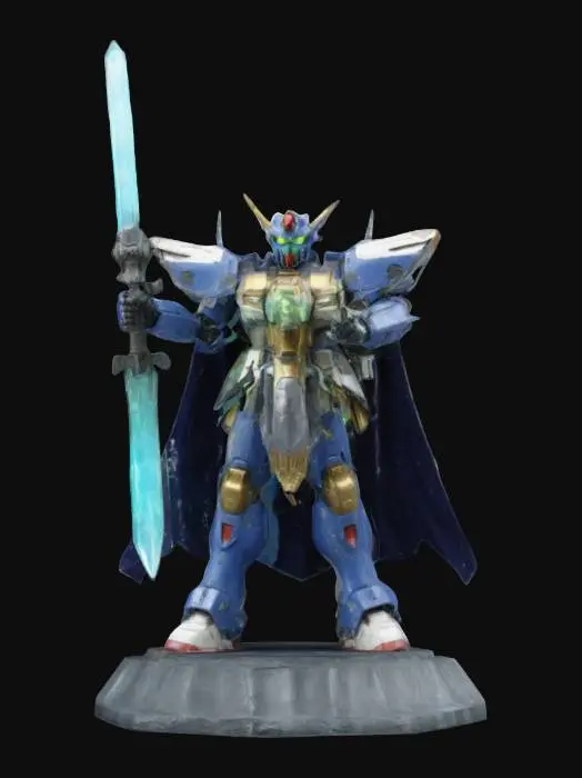 3D model for Gundam with Space Marine armor. Holding beam sword has a cape and glowing accents. Gothic art. Displayed a model with base.