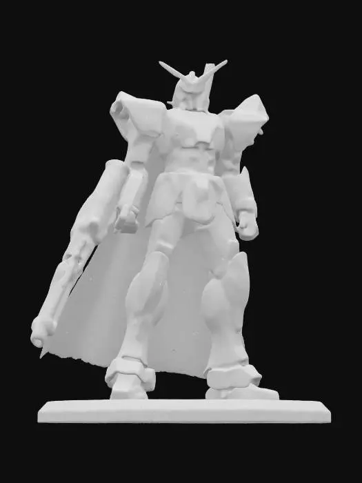 3D model for Gundam with Space Marine armor. Holding large cannon has a cape and glowing accents. Gothic art. Displayed a model with base.