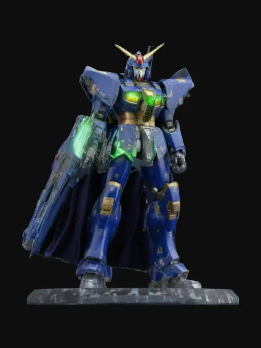 3D model for Gundam with Space Marine armor. Holding large cannon has a cape and glowing accents. Gothic art. Displayed a model with base.