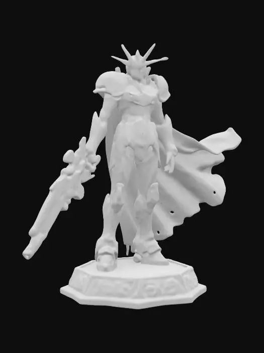 3D model for Gundam Space Marine armor shoulders. Holding rifle, has a cape and glowing accents. Gothic art. Displayed a model with base.