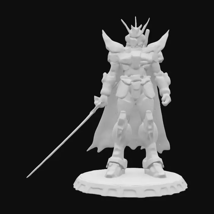 3D model for Gundam with Space Marine armor. Holding beam sword has a cape and glowing accents. Gothic art. Displayed a model with base.