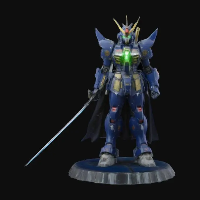 3D model for Gundam with Space Marine armor. Holding beam sword has a cape and glowing accents. Gothic art. Displayed a model with base.