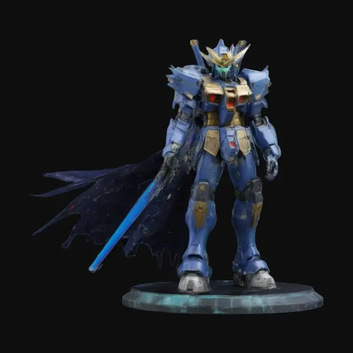 3D model for Gundam with Space Marine armor. Holding beam sword has a cape and glowing accents. Gothic art. Displayed a model with base.