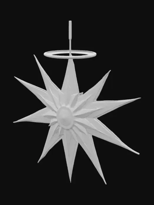 3D model for #ChristmasAdventure# breathtaking Bethlehem Star shines brightly in the night sky, radiating golden light with a soft halo of silver shimmer. Its eight elongated, symmetrical rays stretch gracefully, each tipped with sparkling crystals that seem to dance as they catch the light. At its center, a glowing core pulses gently, symbolizing hope and divine guidance. Suspended amidst a sea of stars, it casts a warm, celestial glow over the serene landscape below.