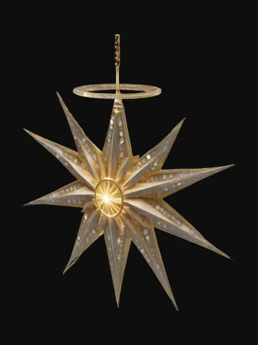 3D model for #ChristmasAdventure# breathtaking Bethlehem Star shines brightly in the night sky, radiating golden light with a soft halo of silver shimmer. Its eight elongated, symmetrical rays stretch gracefully, each tipped with sparkling crystals that seem to dance as they catch the light. At its center, a glowing core pulses gently, symbolizing hope and divine guidance. Suspended amidst a sea of stars, it casts a warm, celestial glow over the serene landscape below.