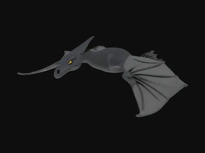 3D model for Высокодетализированная 3D-модель черного птеранодона, застывшего в позе полета, идеально подходящая для моделирования. Его кожистая текстура тщательно проработана с легкими морщинами, подчеркивающими возраст и реализм. На длинном черепе возвышается небольшой, остроконечный гребень, добавляющий характерных черт виду. Детализированные суставы крыльев обеспечивают точную артикуляцию, а весь дизайн выполнен в нейтральном, функциональном стиле для максимально достоверной летной динамики.