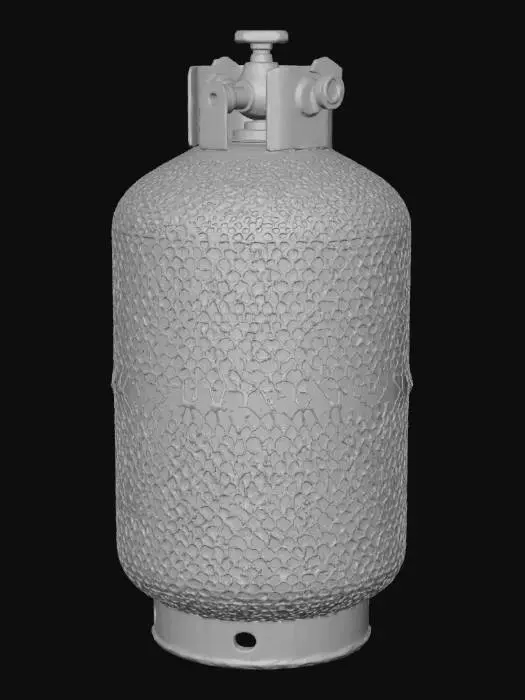 3D model for A small, cylindrical pressurized gas tank. Industrial design. Smooth metal surface with worn, chipped orange paint and scattered dark rust spots. Slightly domed top and bottom. A hexagonal metal valve cap on top. A thin recessed seam running horizontally around the upper and lower third of the cylinder. On the front center, a yellow hazard triangle with a black interior and a flame icon. Realistic PBR metal surface with subtle roughness variation, aged appearance, scuffs, dents, and weathered texture. Neutral lighting. No hoses, no attachments, no additional labels. Simple standalone object.