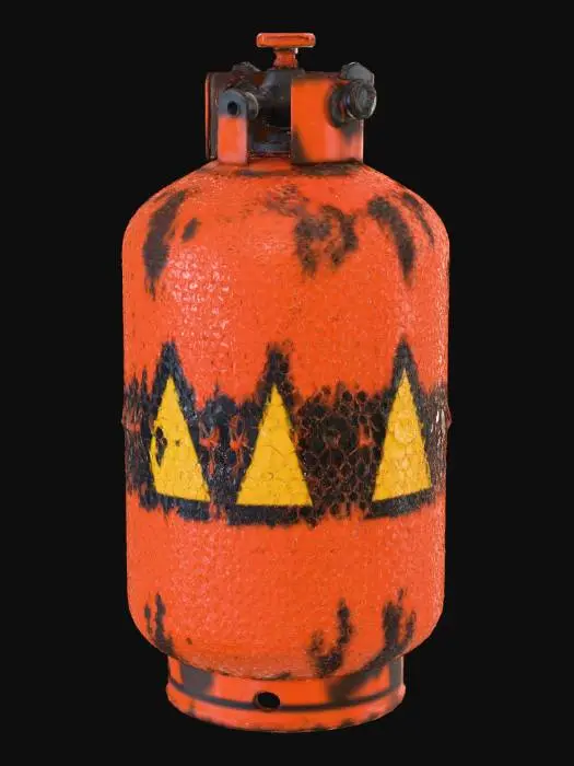 3D model for A small, cylindrical pressurized gas tank. Industrial design. Smooth metal surface with worn, chipped orange paint and scattered dark rust spots. Slightly domed top and bottom. A hexagonal metal valve cap on top. A thin recessed seam running horizontally around the upper and lower third of the cylinder. On the front center, a yellow hazard triangle with a black interior and a flame icon. Realistic PBR metal surface with subtle roughness variation, aged appearance, scuffs, dents, and weathered texture. Neutral lighting. No hoses, no attachments, no additional labels. Simple standalone object.